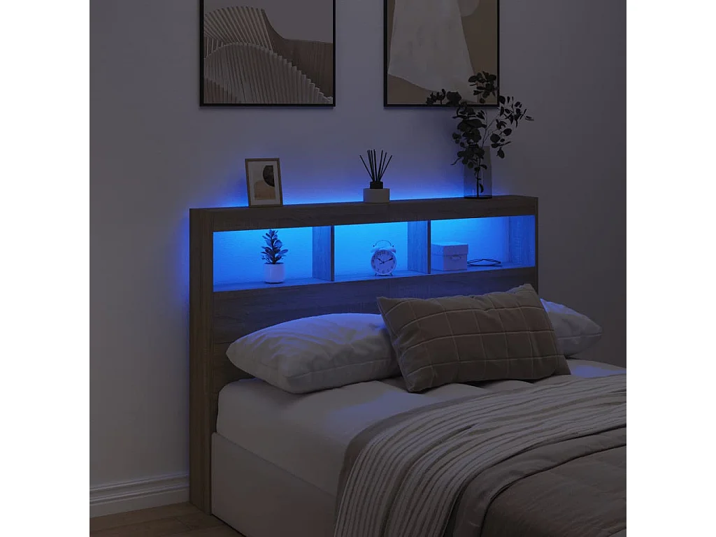 Cabecero de Cama | Cabezal de cama | Mueble de cabecero con LED roble Sonoma 140x17x102 cm