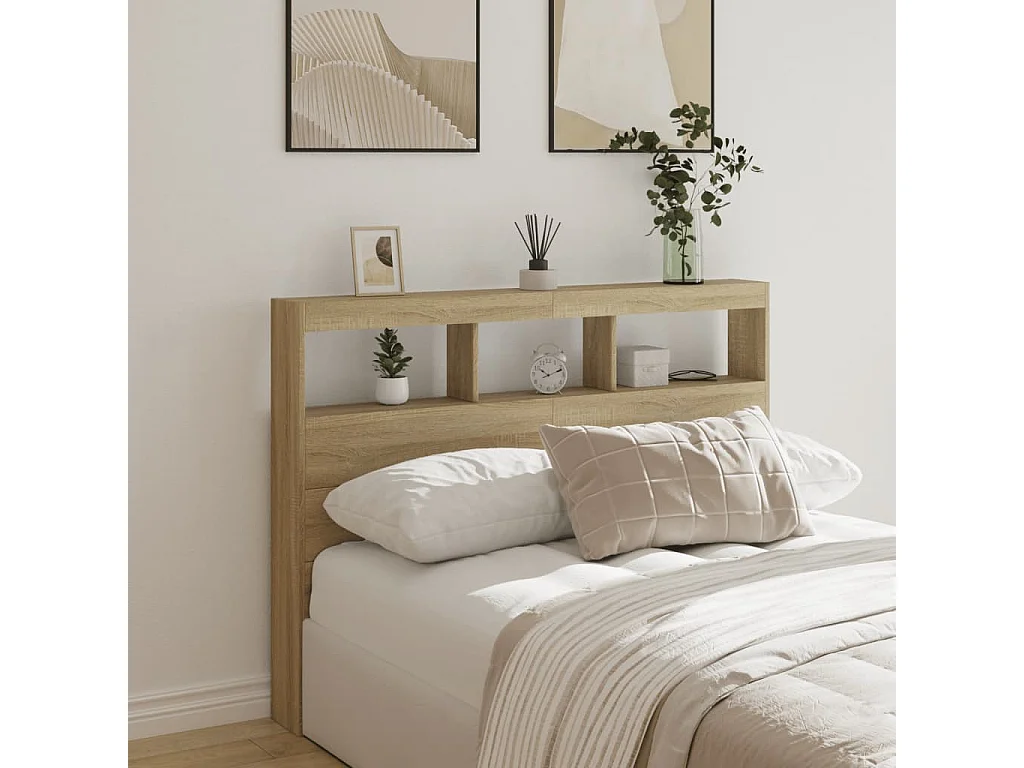 Tête de Lit avec rangement | Armoire de tête de lit avec LED chêne sonoma 140x17x102 cm