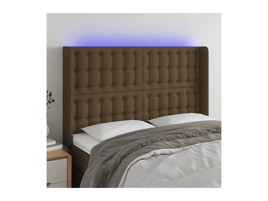 Mueble cabecero | Cabezal de cama | Cabecero con LED de tela marrón oscuro 147x16x118/128 cm