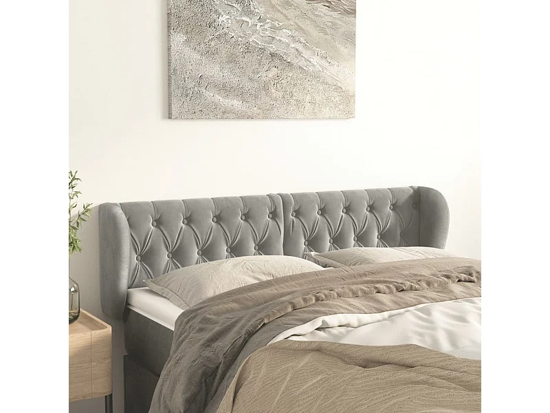 Mueble cabecero | Cabezal de cama | Cabecero de terciopelo gris claro 163x23x78/88 cm