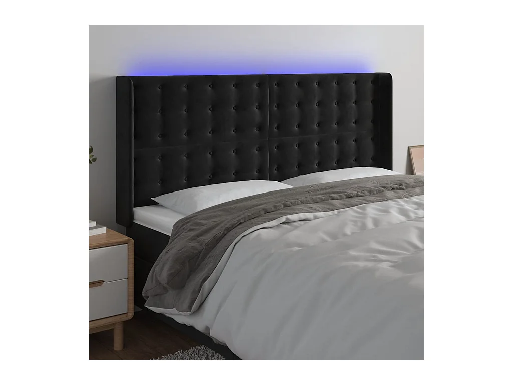 Cabecero | Cabezal de Cama | Mueble cabecero con LED de terciopelo negro 203x16x118/128 cm