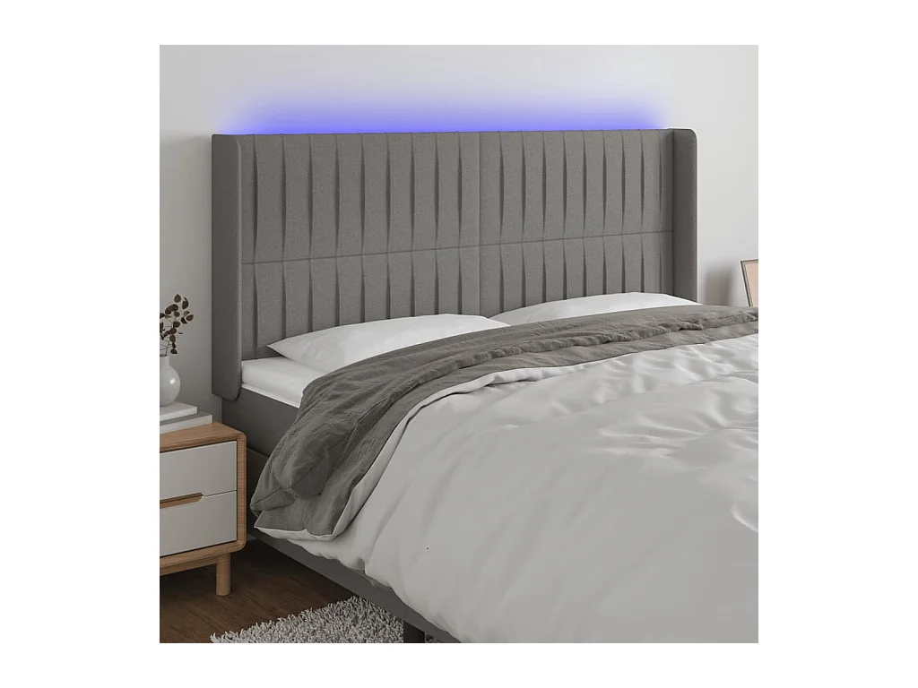 Mueble cabecero | Cabezal de cama | Cabecero con LED de tela gris oscuro 163x16x118/128 cm