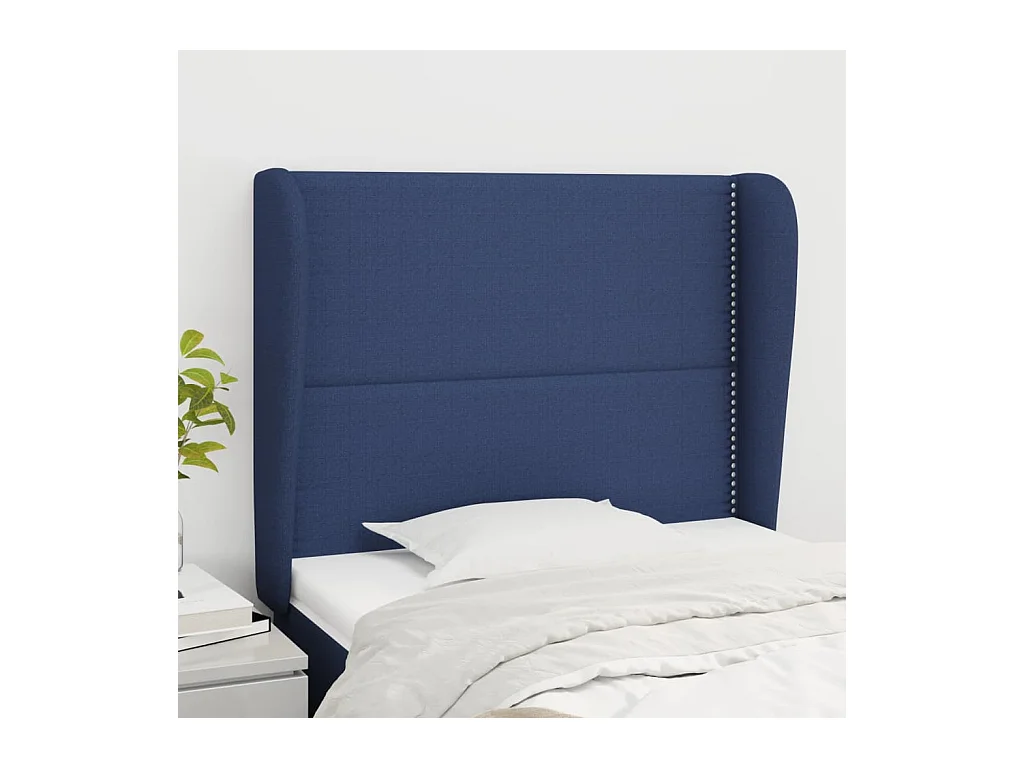 Cabecero | Cabezal de Cama | Mueble cabecero con orejas de tela azul 103x23x118/128 cm