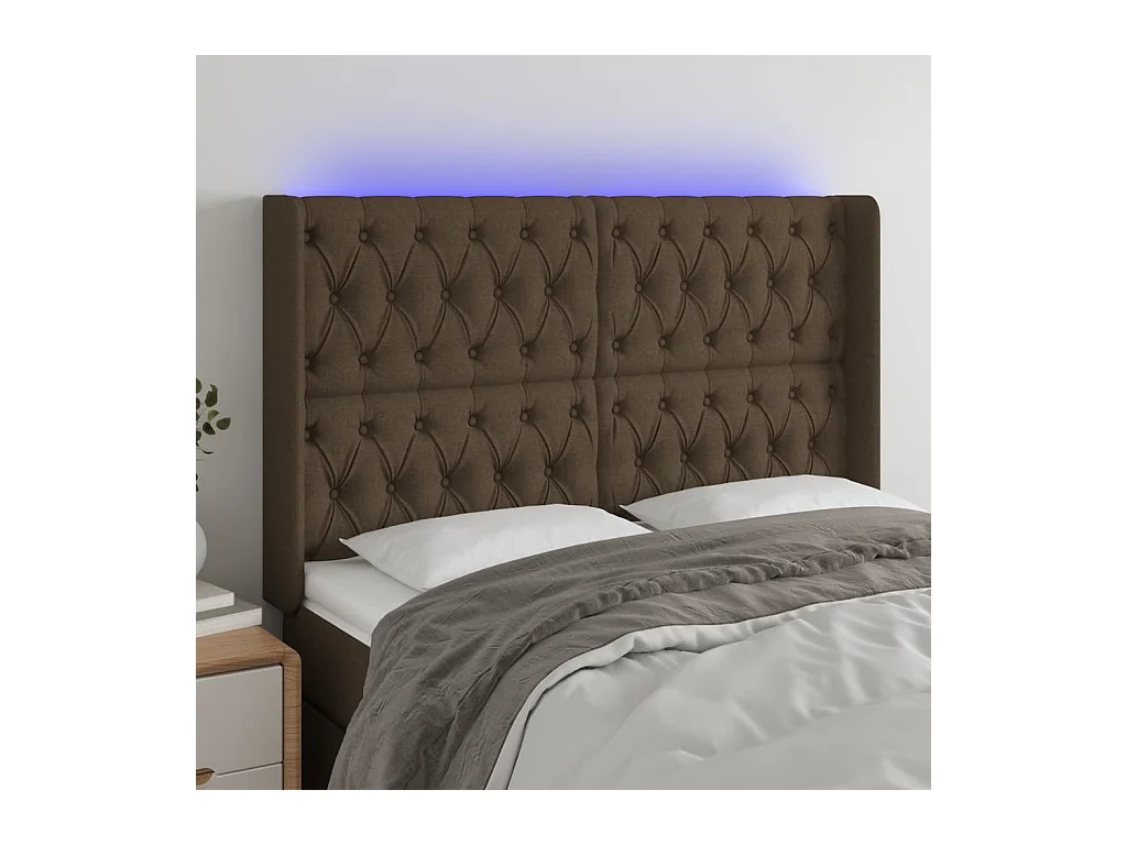 Mueble cabecero | Cabezal de cama | Cabecero con LED de tela marrón oscuro 163x16x118/128 cm
