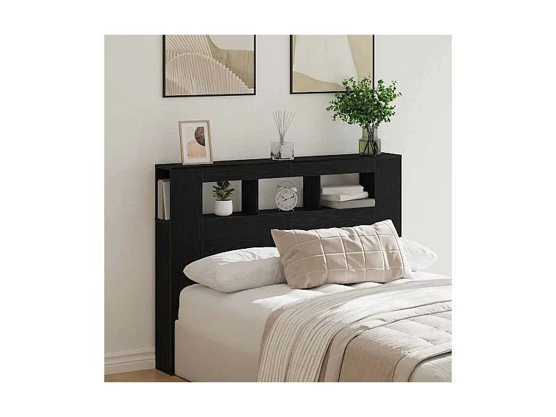 Mueble cabecero | Cabecero | Cabezal de cama LED con estante Roble negro 140 x 18.5 x 103.5 cm