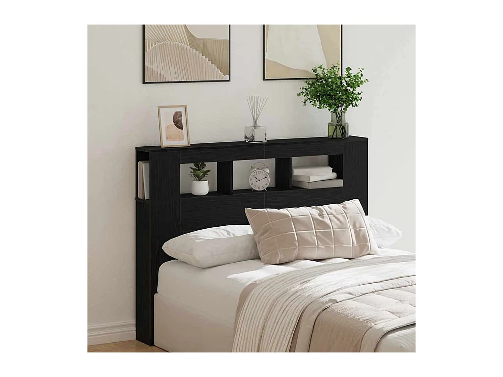 Mueble cabecero | Cabecero | Cabezal de cama LED con estante Roble negro 140 x 18.5 x 103.5 cm