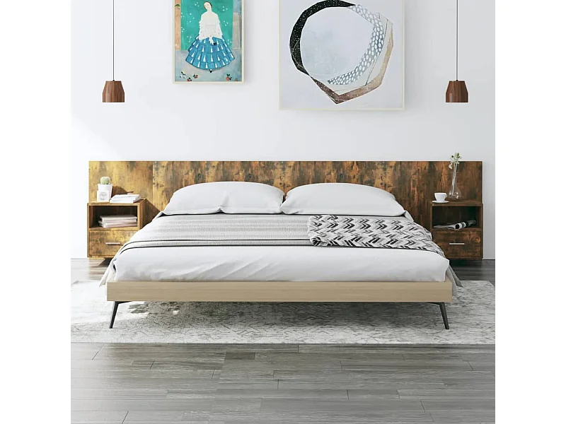 Cabecero de Cama | Cabezal de cama | Mueble de cabecero con mesitas madera contrachapada roble ahumado