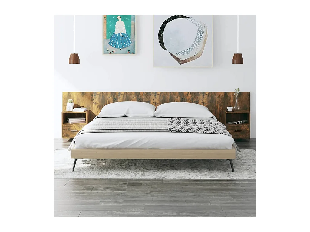 Cabecero de Cama | Cabezal de cama | Mueble de cabecero con mesitas madera contrachapada roble ahumado