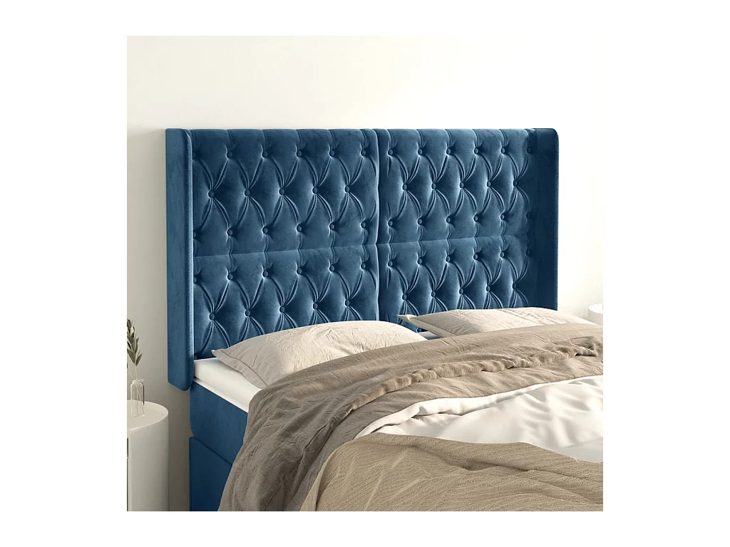 Cabecero | Cabezal de Cama | Mueble cabecero con orejas de terciopelo azul oscuro 147x16x118/128 cm