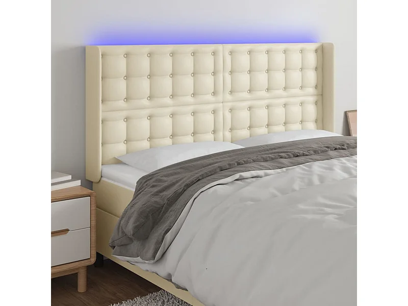 Tête de Lit | Panneau de tête pour lit Moderne à LED Crème 163x16x118/128 cm Similicuir