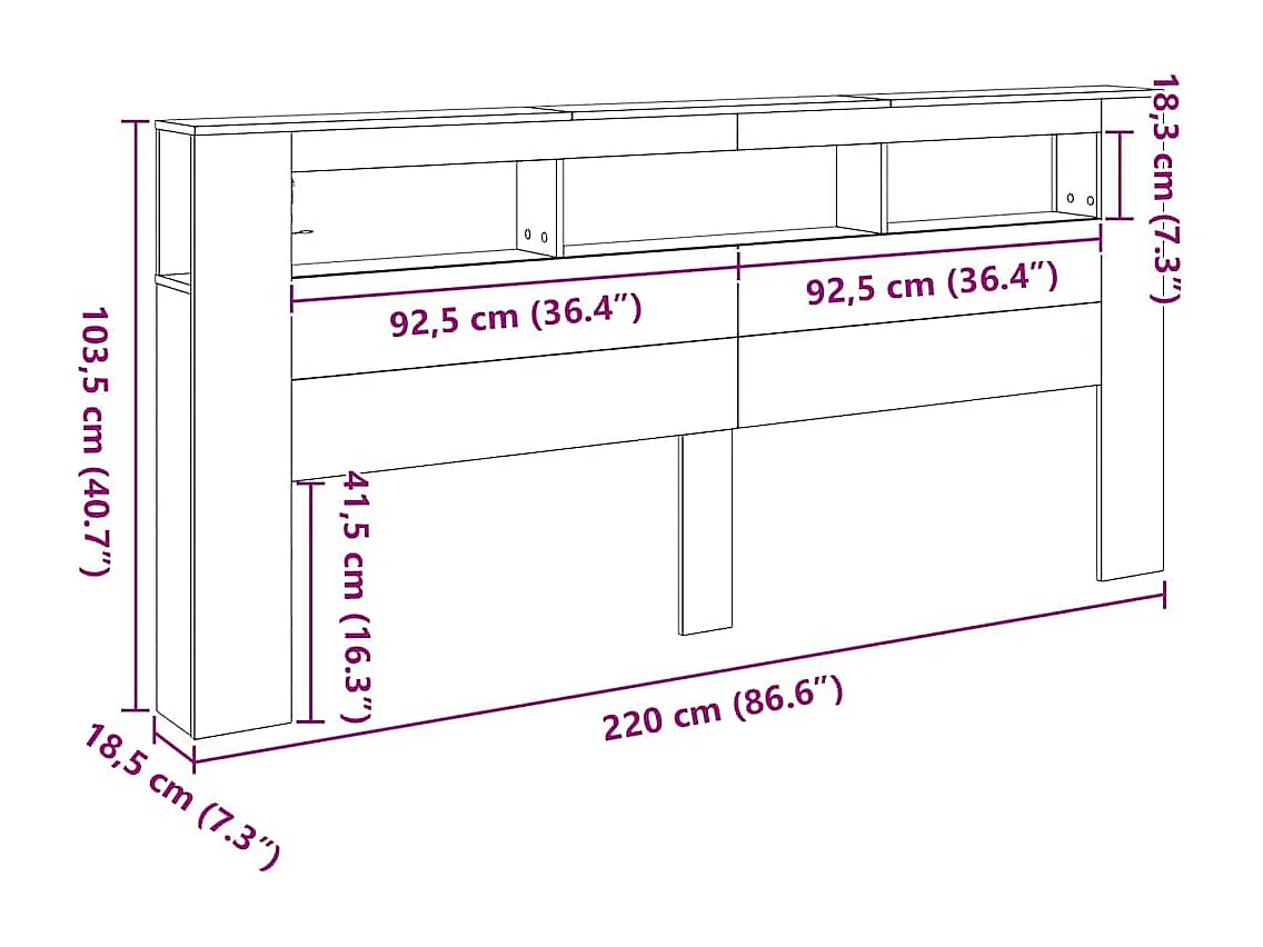 Mueble cabecero | Cabecero | Cabezal de cama LED con estante Roble negro 220 x 18.5 x 103.5 cm