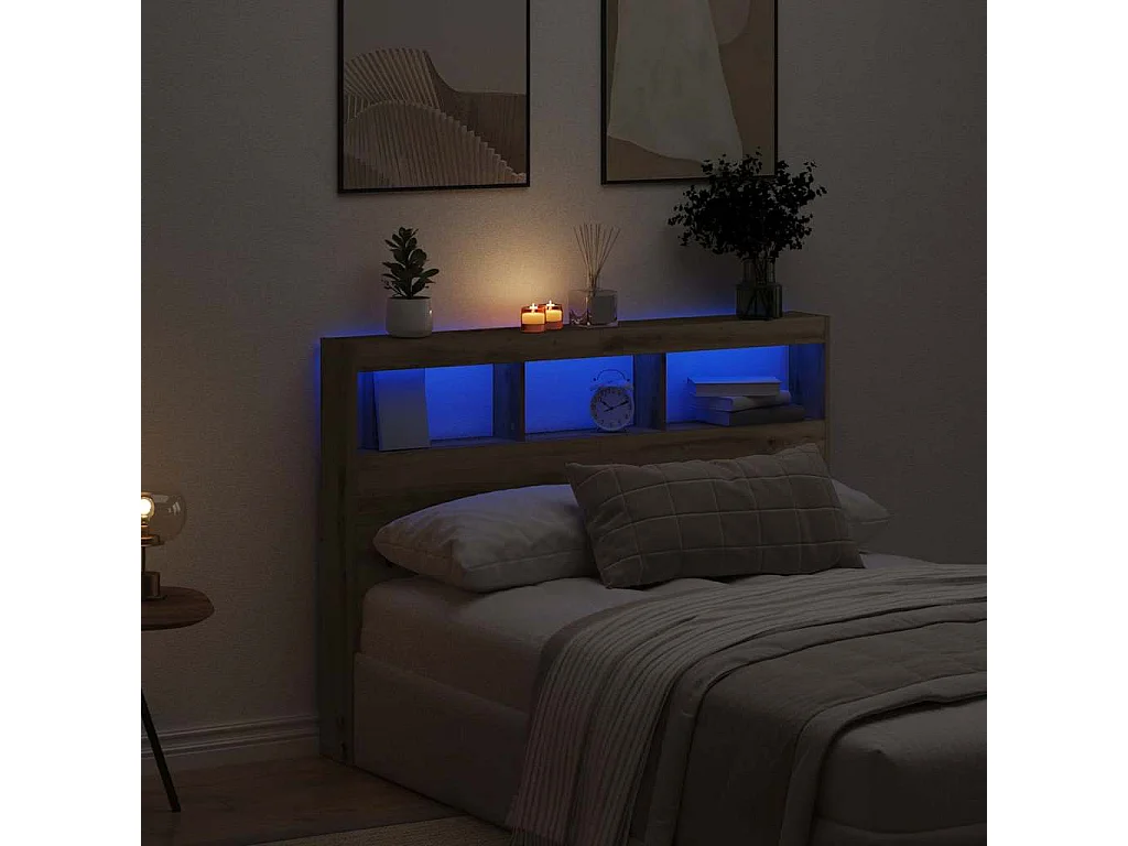 Tête de Lit avec rangement | Armoire de tête de lit avec LED chêne artisanal 140x17x102 cm