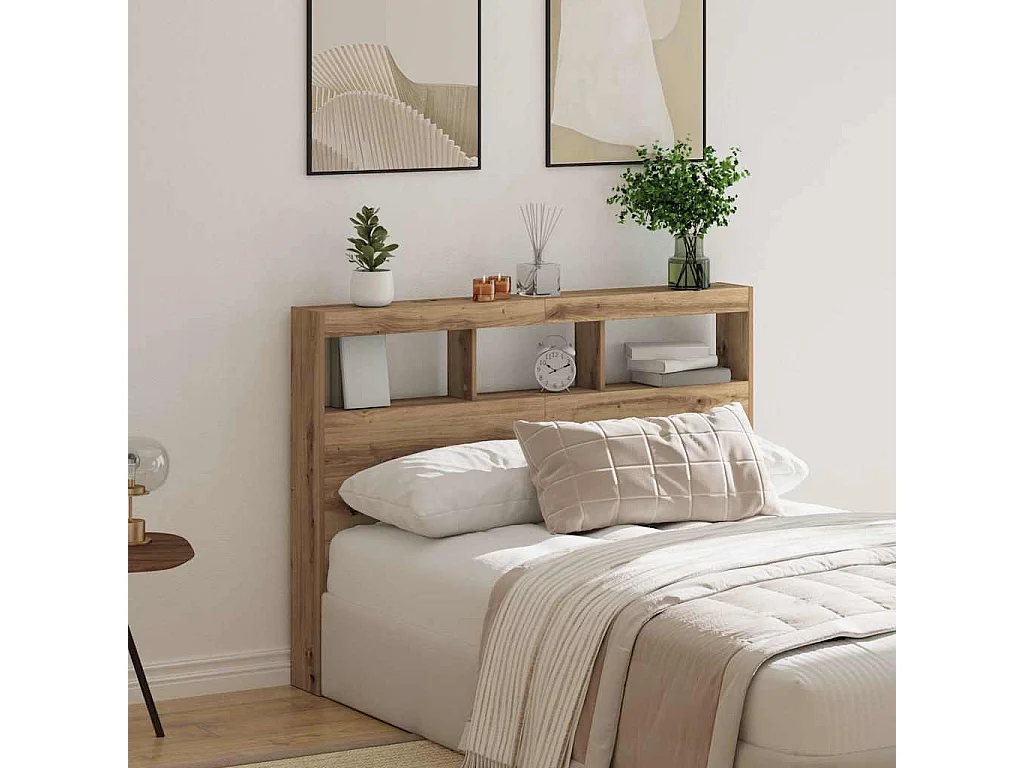 Tête de Lit avec rangement | Armoire de tête de lit avec LED chêne artisanal 140x17x102 cm