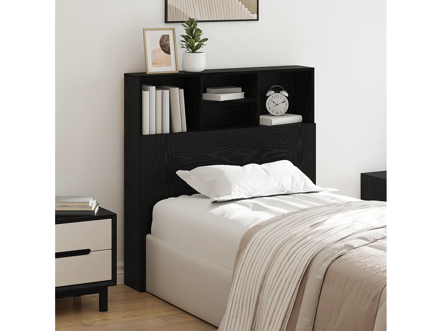 Cabinet de Tête de Lit | Commode de tête de lit avec étagère Chêne noir Bois Composite