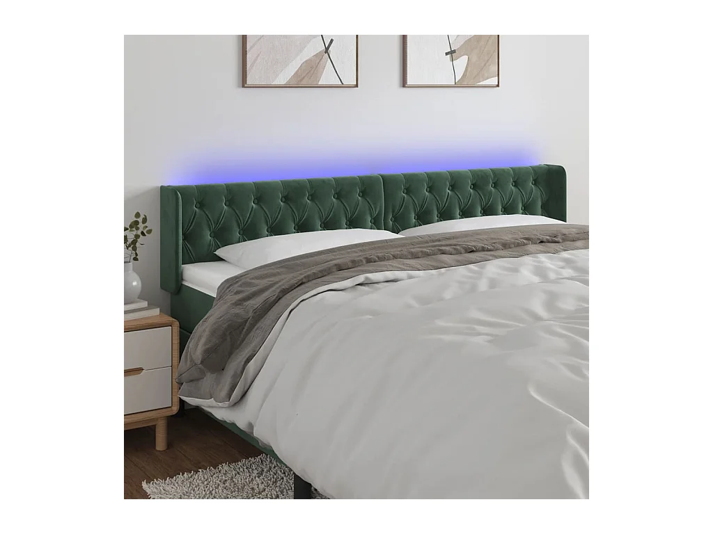 Tête de Lit | Panneau de tête pour lit Moderne à LED Vert foncé 203x16x78/88 cm Velours