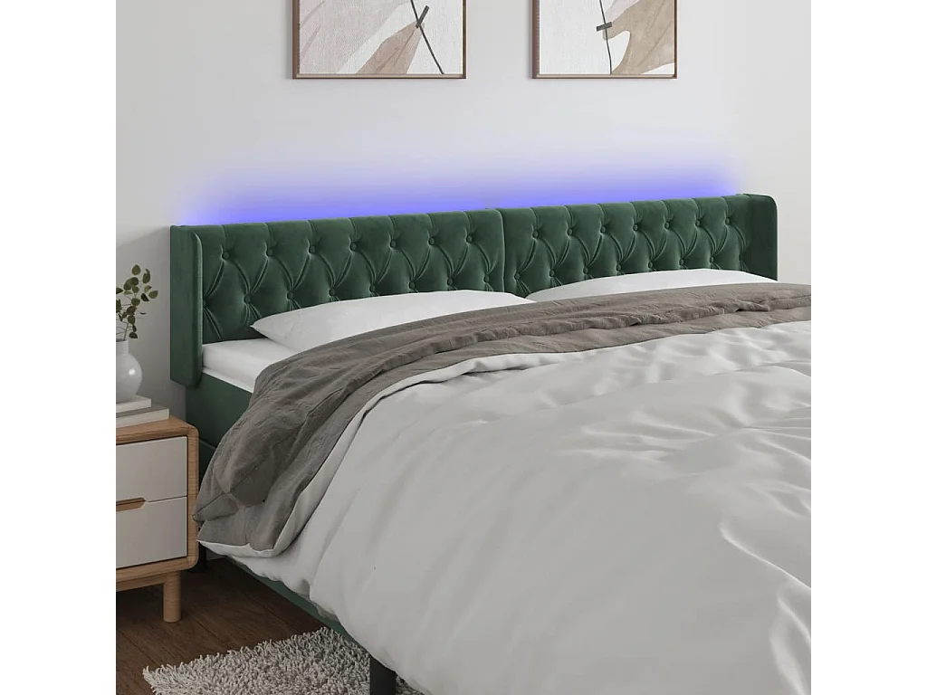 Tête de Lit | Panneau de tête pour lit Moderne à LED Vert foncé 203x16x78/88 cm Velours
