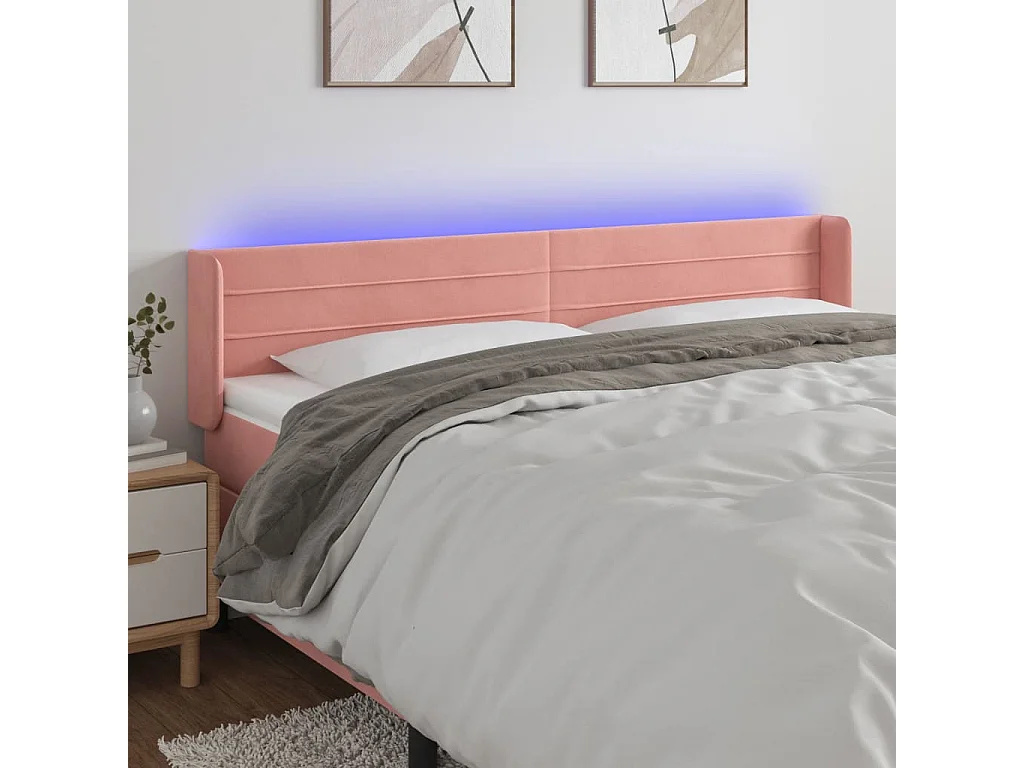 Tête de Lit | Panneau de tête pour lit Moderne à LED Rose 203x16x78/88 cm Velours
