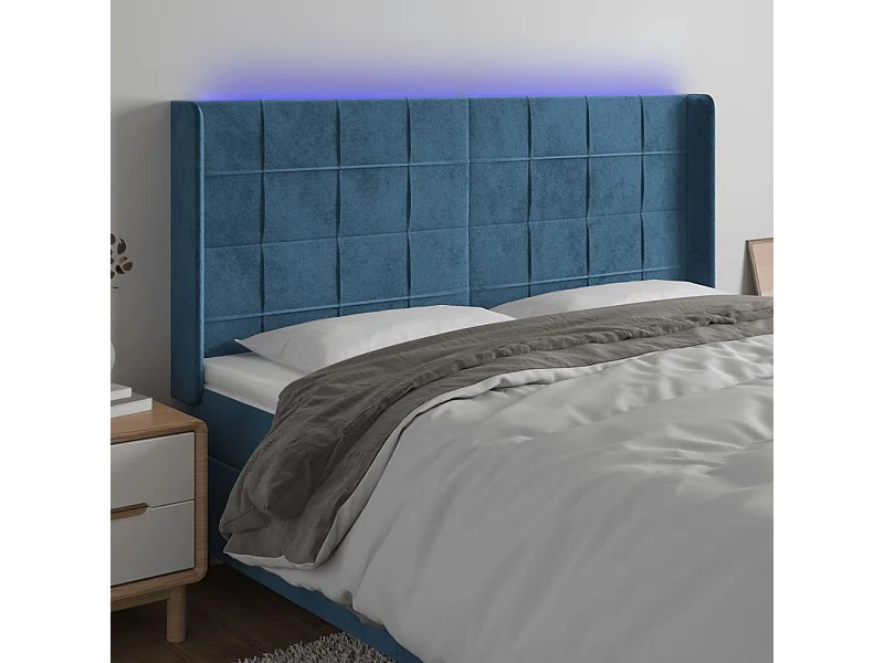 Tête de Lit | Panneau de tête pour lit Moderne à LED Bleu foncé 203x16x118/128 cm Velours