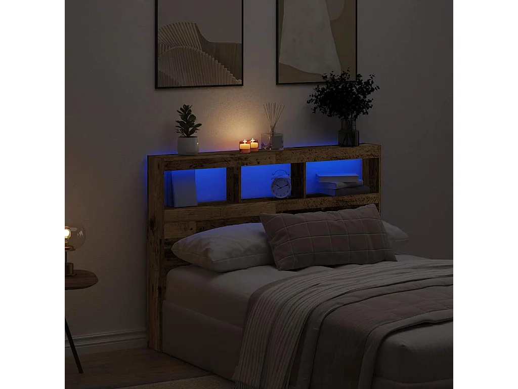 Tête de Lit avec rangement | Armoire de tête de lit avec LED vieux bois 140x17x102 cm