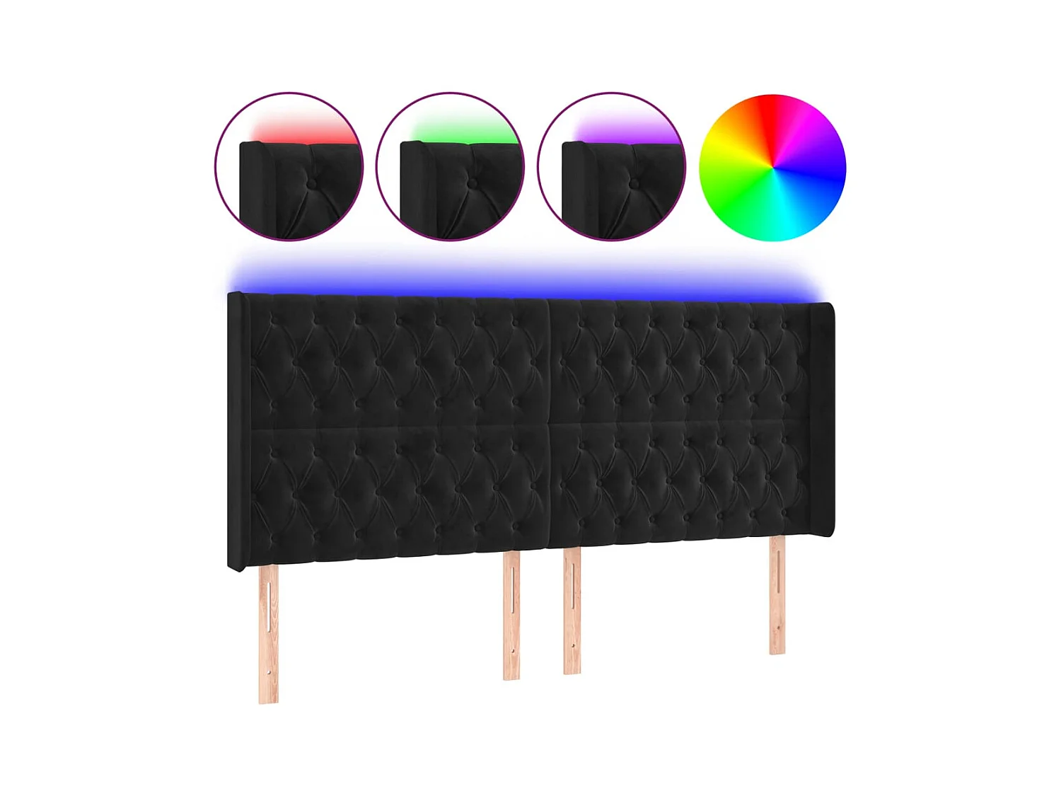 Cabecero | Cabezal de Cama | Mueble cabecero con LED de terciopelo negro 183x16x118/128 cm