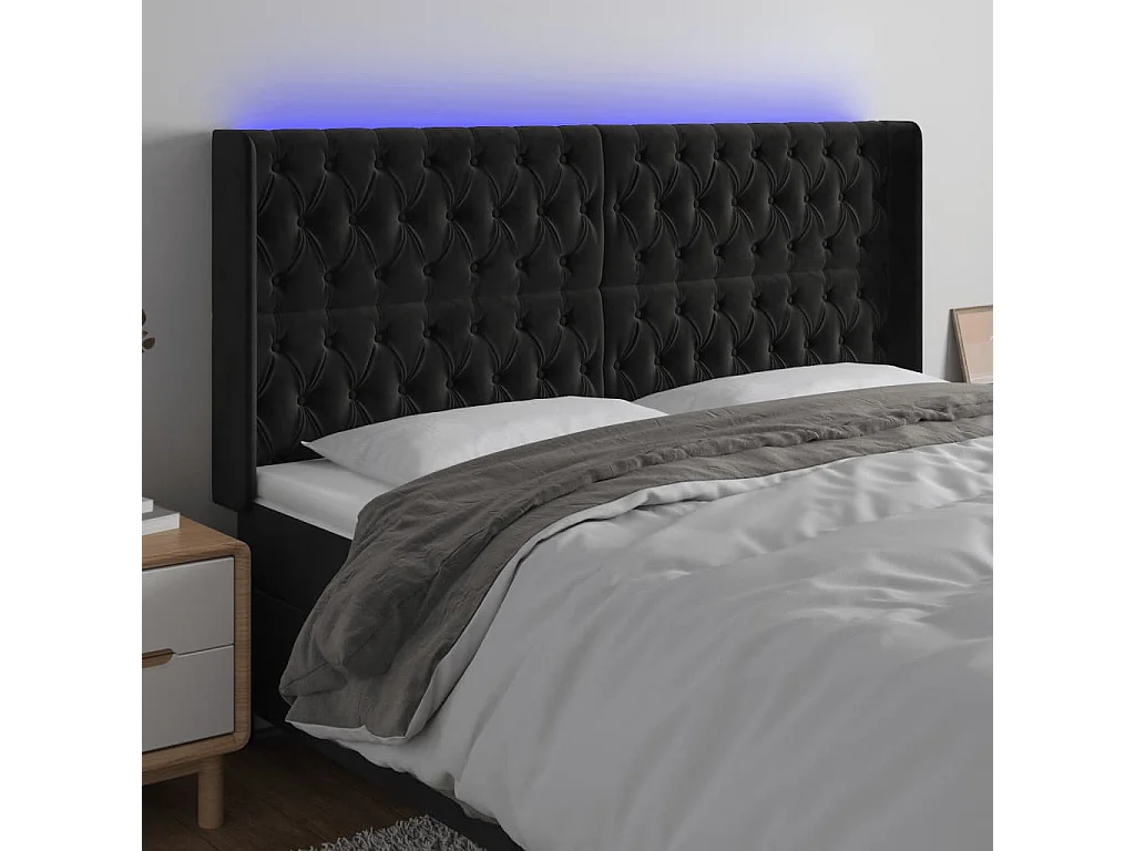 Cabecero | Cabezal de Cama | Mueble cabecero con LED de terciopelo negro 183x16x118/128 cm