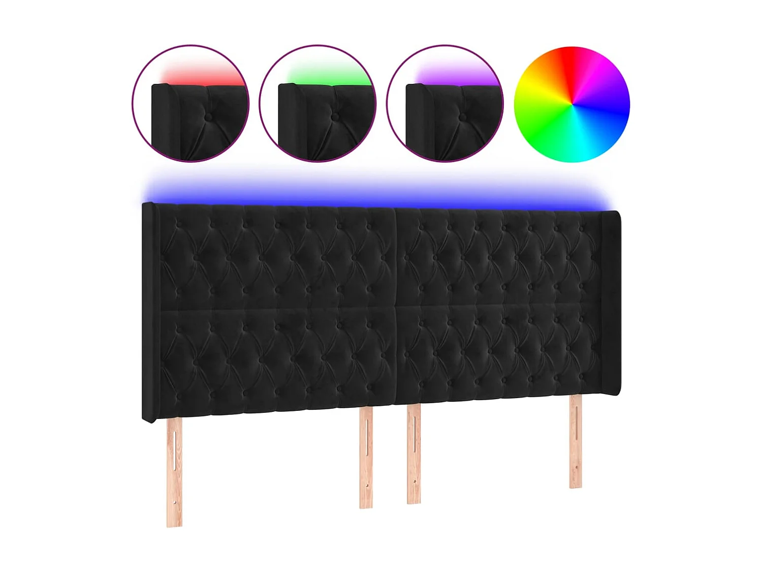 Cabecero | Cabezal de Cama | Mueble cabecero con LED de terciopelo negro 183x16x118/128 cm