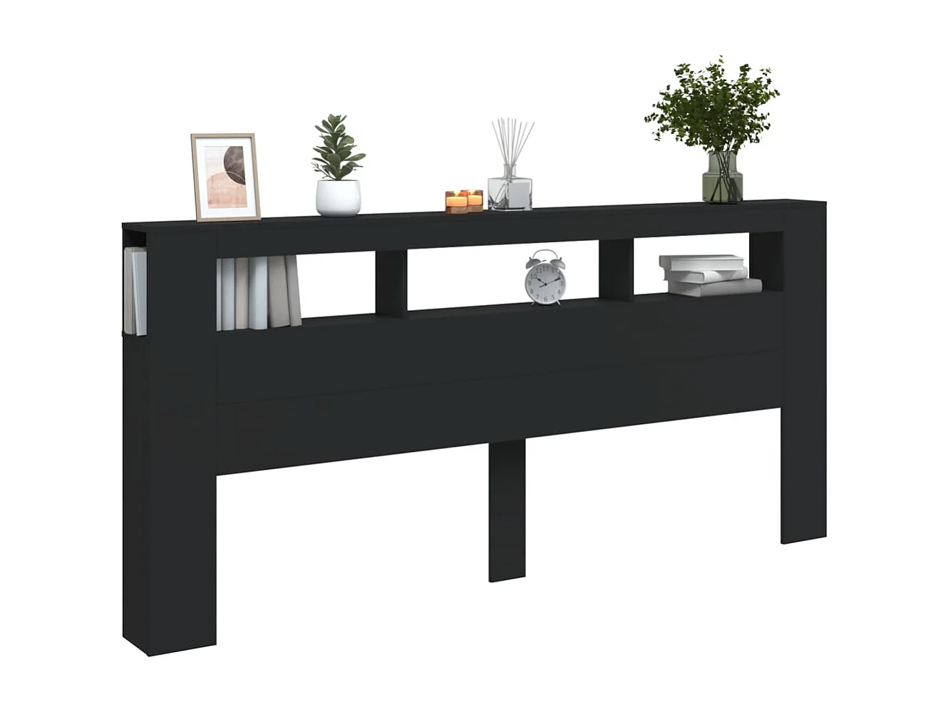 Cabecero | Cabezal de Cama | Mueble cabecero con LED madera de ingeniería negro 220x18,5x103,5 cm