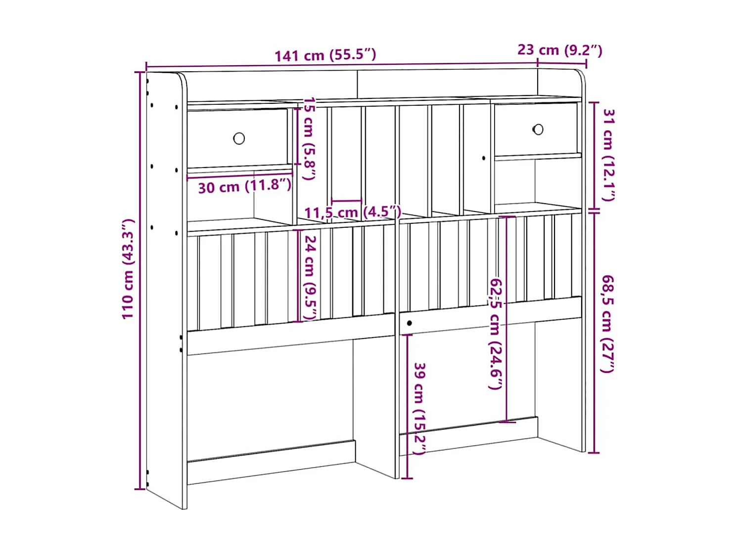 Cabecero de Cama | Cabezal de cama | Mueble de cabecero con almacenaje madera maciza de pino 135 cm