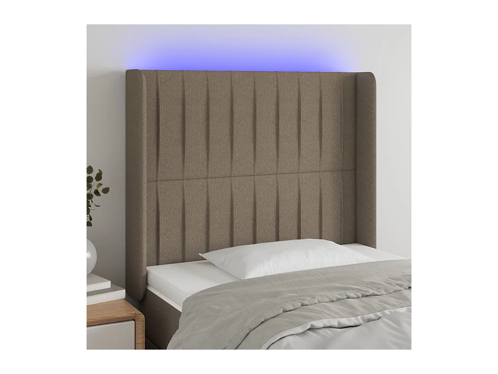 Mueble cabecero | Cabezal de cama | Cabecero con LED de tela gris taupe 93x16x118/128 cm