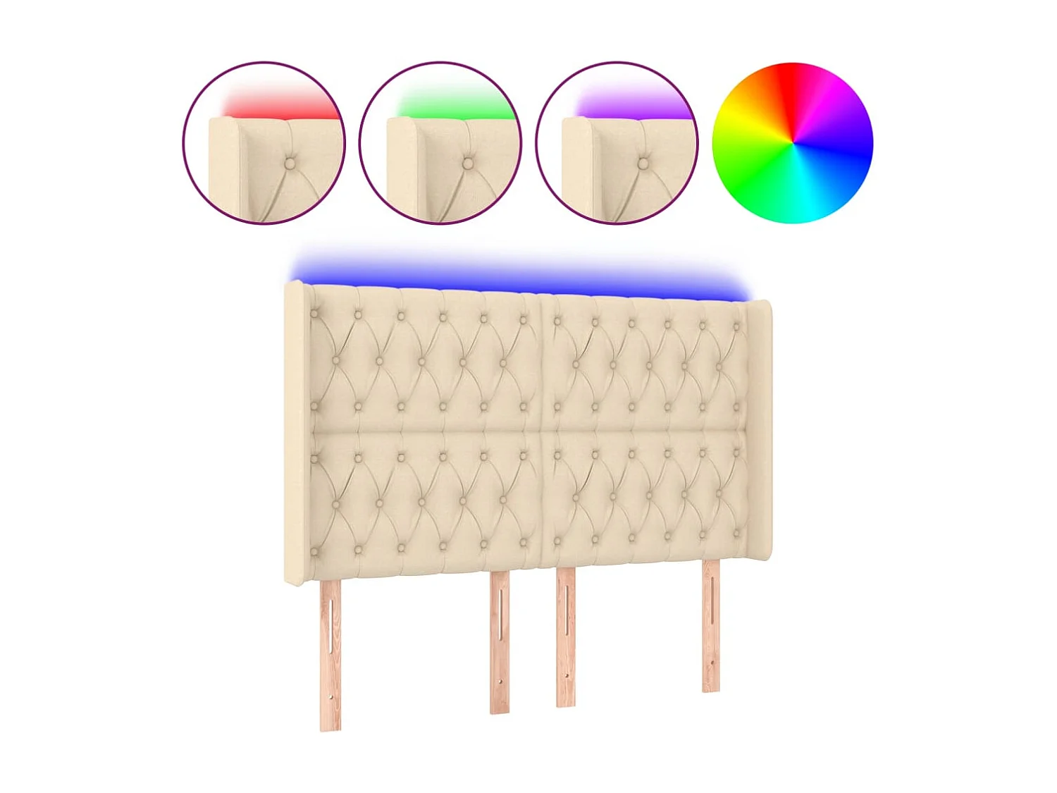 Mueble cabecero | Cabezal de cama | Cabecero con LED de tela color crema 163x16x118/128 cm