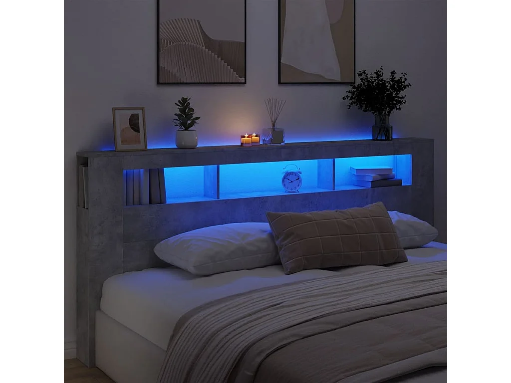 Tête de Lit | Panneau de tête pour lit Moderne à LED gris béton 220x18,5x103,5cm bois d'ingénierie