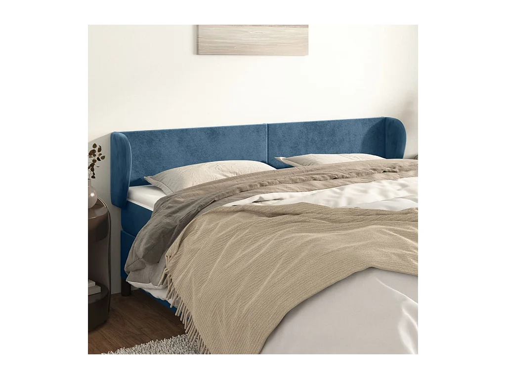 Tête de Lit | Panneau de tête pour lit Moderne avec oreilles Bleu foncé 183x23x78/88 cm Velours