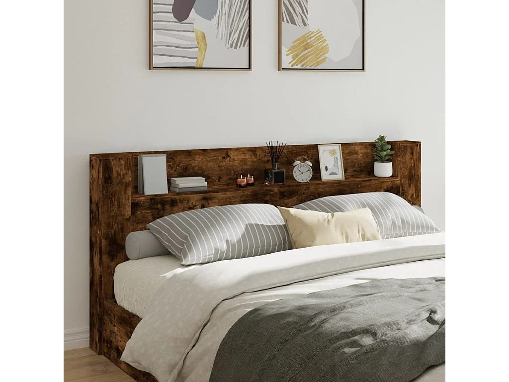 Tête de Lit avec rangement | Armoire de tête de lit avec LED chêne fumé 220x16,5x103,5 cm