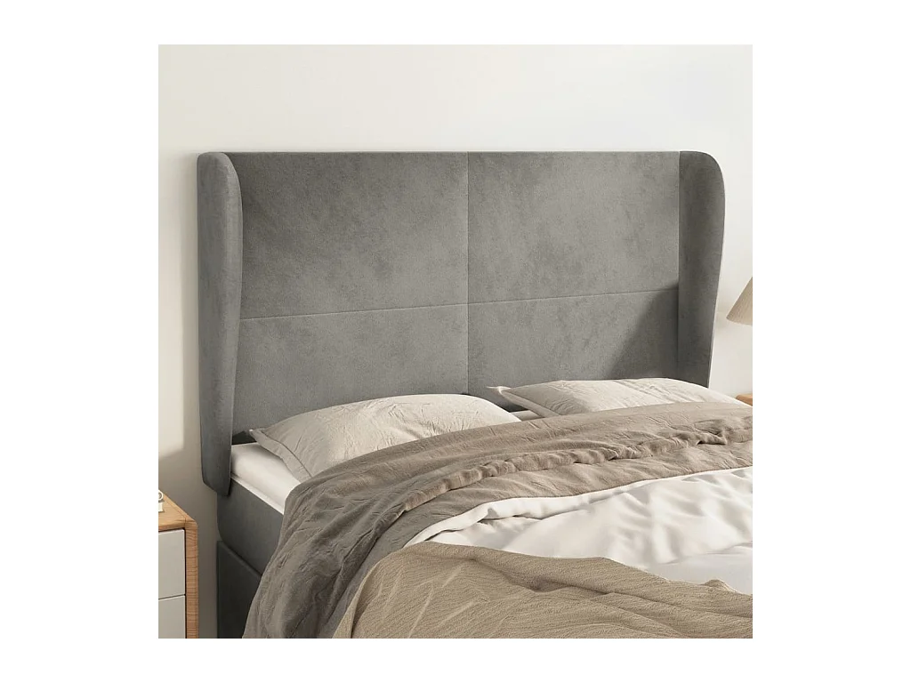 Cabecero | Cabezal de Cama | Mueble cabecero con orejas de terciopelo gris claro 147x23x118/128 cm