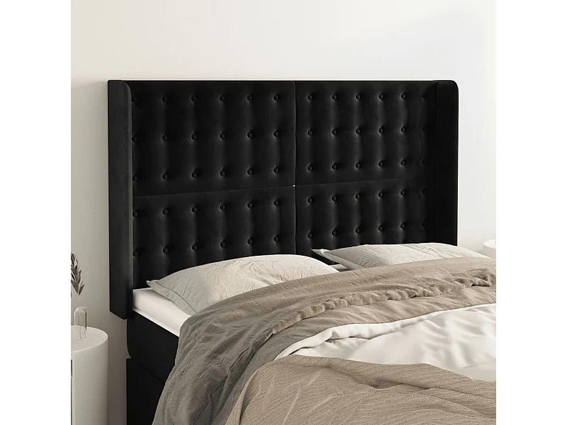 Cabecero | Cabezal de Cama | Mueble cabecero con orejas de terciopelo negro 147x16x118/128 cm