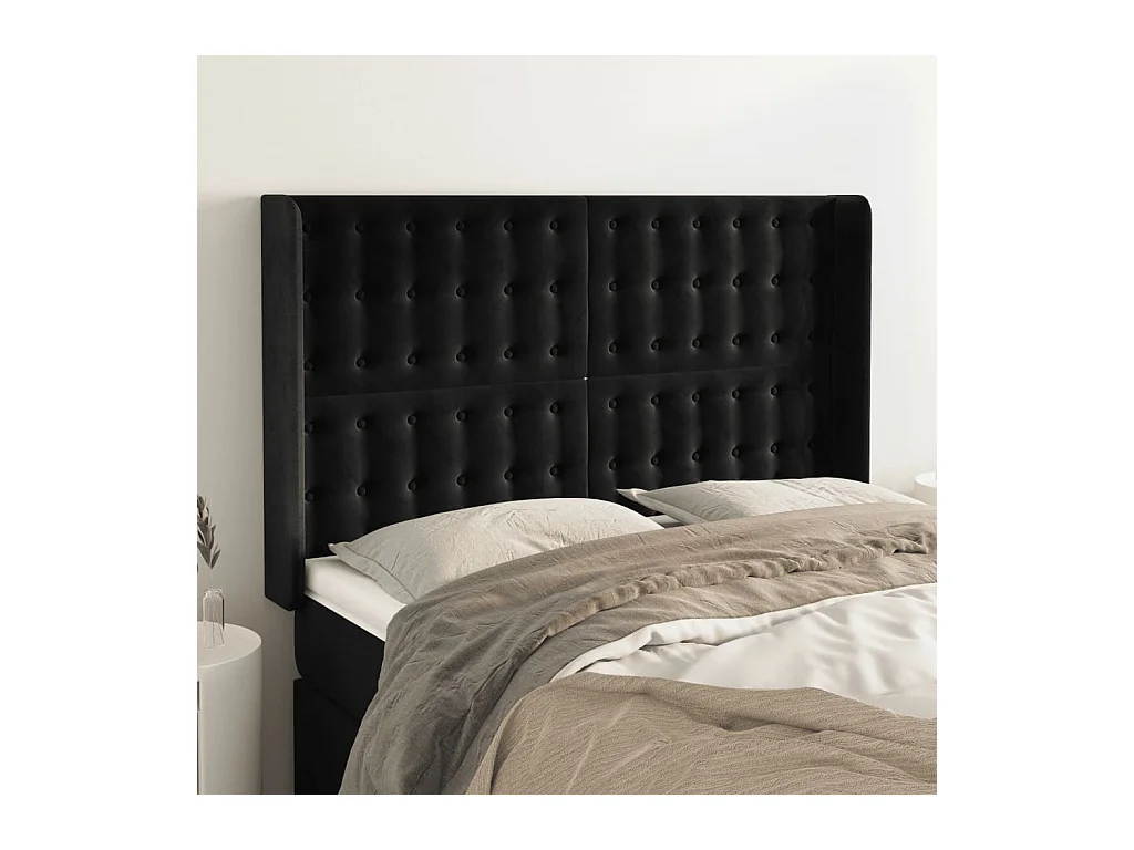 Cabecero | Cabezal de Cama | Mueble cabecero con orejas de terciopelo negro 147x16x118/128 cm