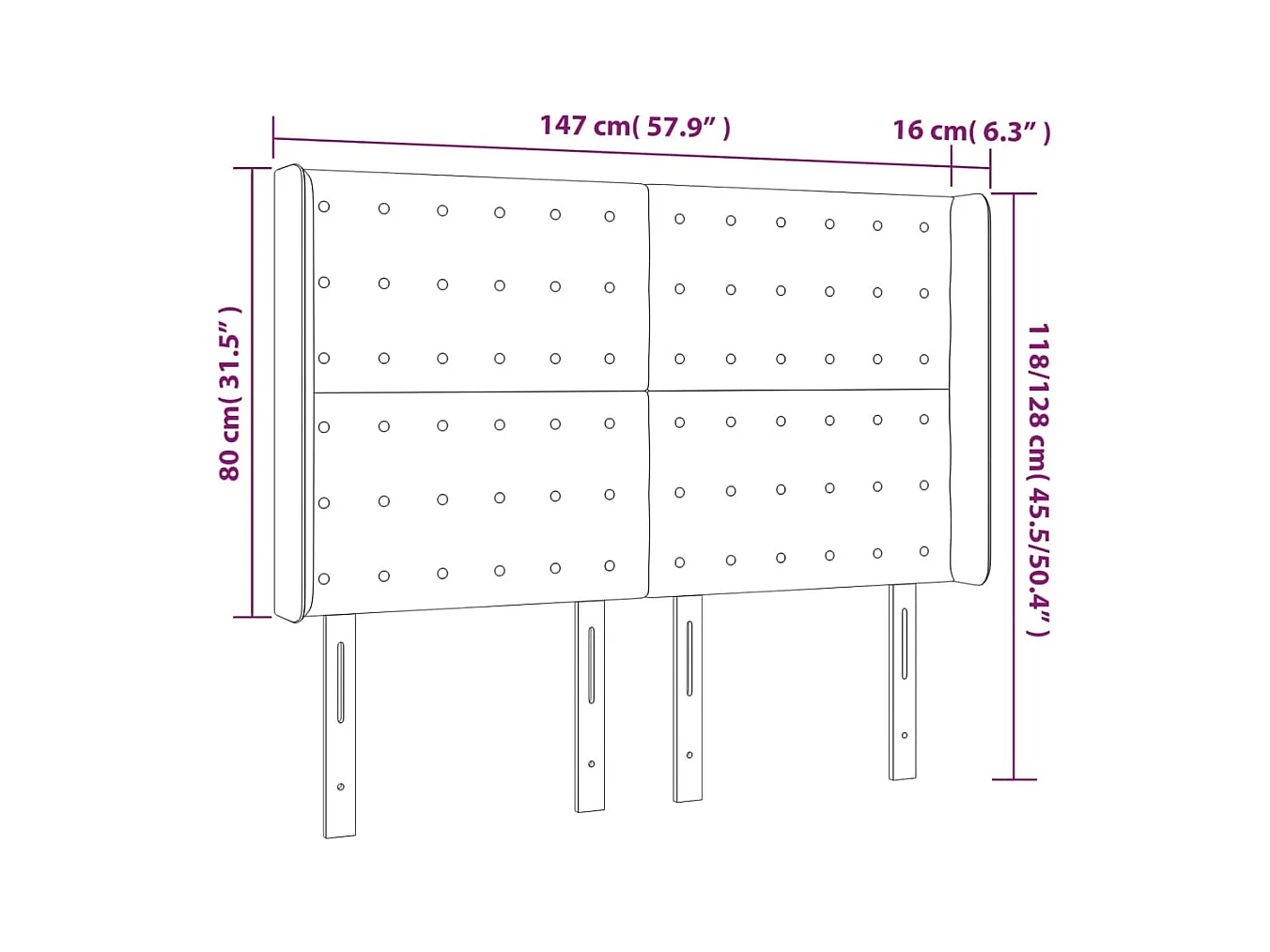 Cabecero | Cabezal de Cama | Mueble cabecero con orejas de terciopelo negro 147x16x118/128 cm