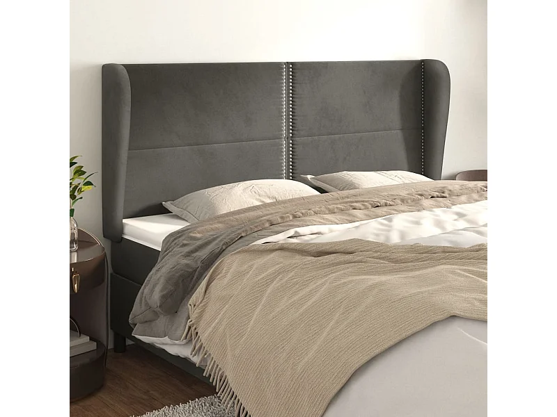 Cabecero | Cabezal de Cama | Mueble cabecero con orejas de terciopelo gris oscuro 163x23x118/128 cm