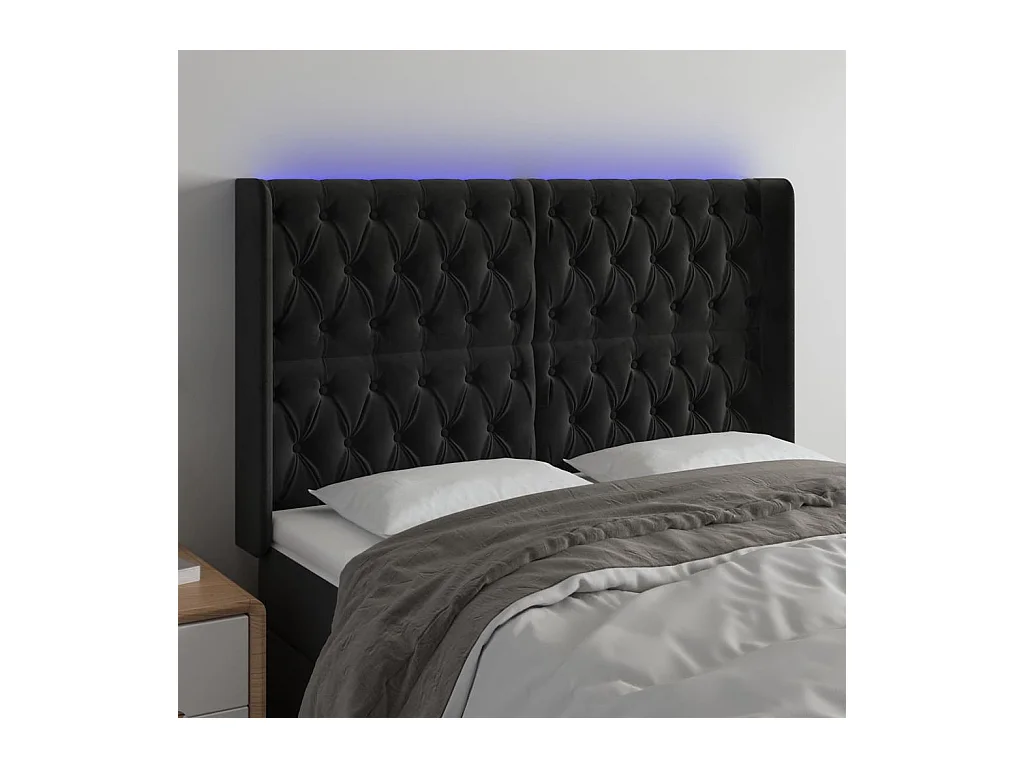 Cabecero | Cabezal de Cama | Mueble cabecero con LED de terciopelo negro 147x16x118/128 cm