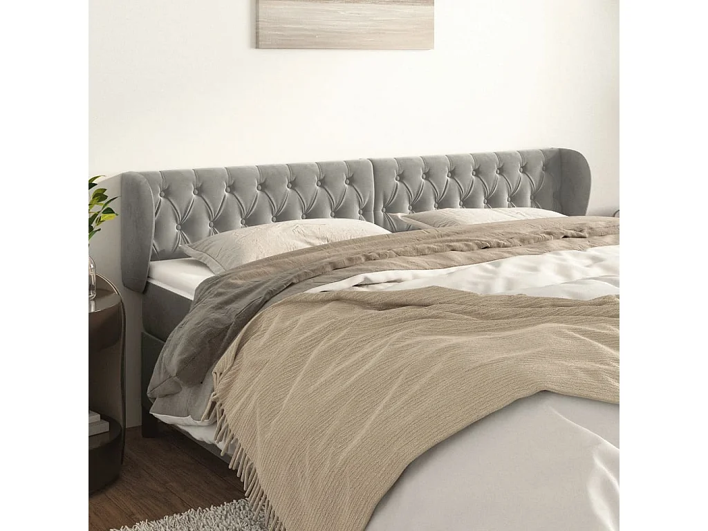 Tête de Lit | Panneau de tête pour lit Moderne avec oreilles Gris clair 183x23x78/88 cm Velours