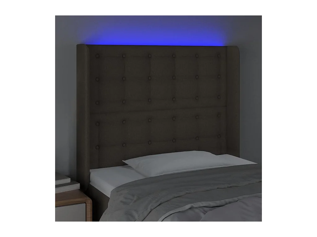 Mueble cabecero | Cabezal de cama | Cabecero con LED de tela gris taupe 93x16x118/128 cm