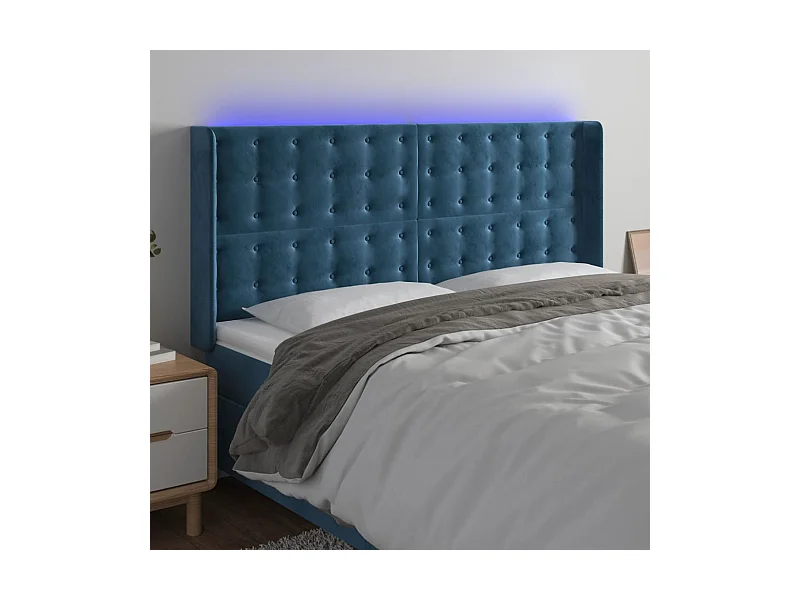 Cabecero | Cabezal de Cama | Mueble cabecero con LED de terciopelo azul oscuro 163x16x118/128 cm