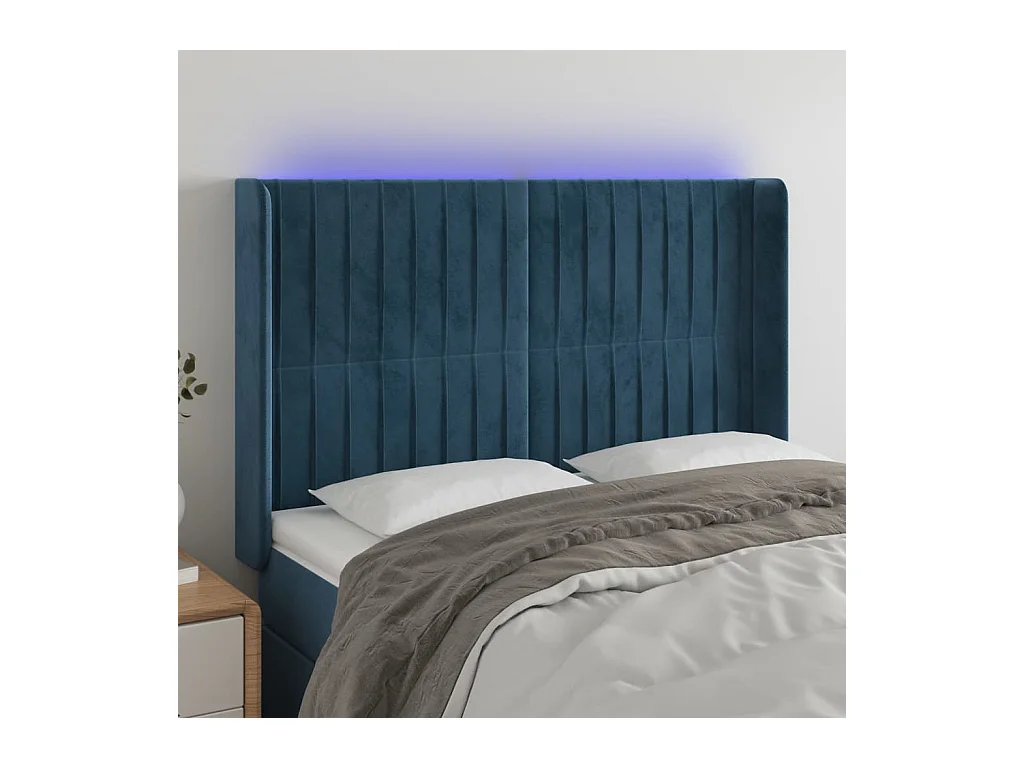 Cabecero | Cabezal de Cama | Mueble cabecero con LED de terciopelo azul oscuro 147x16x118/128 cm