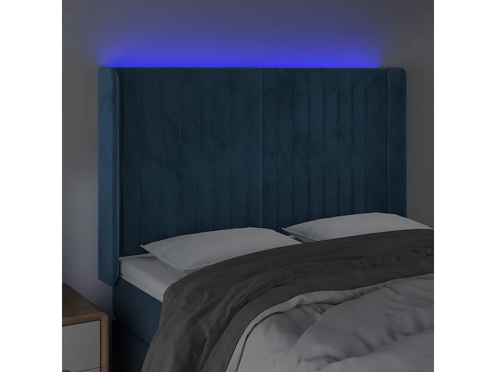 Tête de Lit | Panneau de tête pour lit Moderne à LED Bleu foncé 147x16x118/128 cm Velours