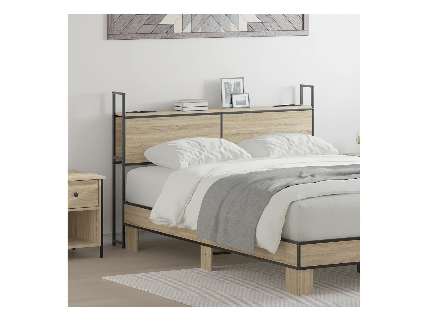 Mueble cabecero | Cabezal de cama | Cabecero de Almacenamiento con Estación de Carga Roble Sonoma