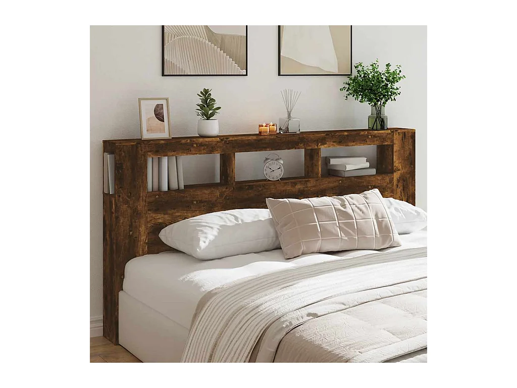Mueble cabecero | Cabecero | Cabezal de cama LED madera ingeniería roble ahumado 200x18,5x103,5 cm