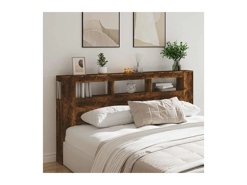 Mueble cabecero | Cabecero | Cabezal de cama LED madera ingeniería roble ahumado 200x18,5x103,5 cm