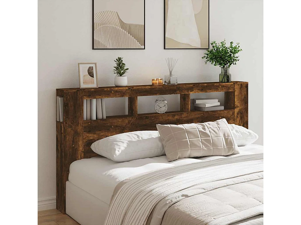 Tête de Lit | Panneau de tête pour lit Moderne à LED chêne fumé 200x18,5x103,5cm bois d'ingénierie