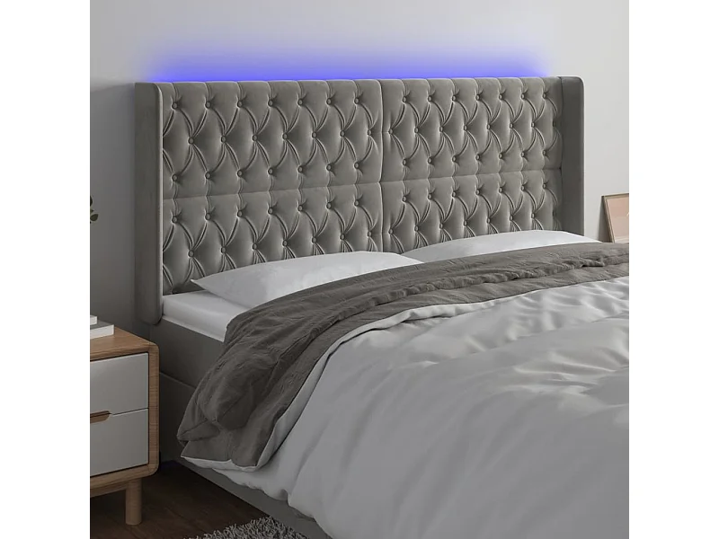 Tête de Lit | Panneau de tête pour lit Moderne à LED Gris clair 203x16x118/128 cm Velours