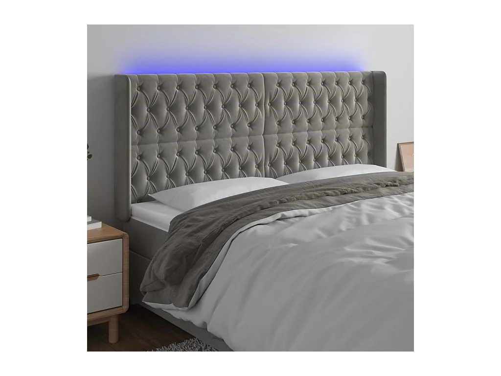 Tête de Lit | Panneau de tête pour lit Moderne à LED Gris clair 203x16x118/128 cm Velours